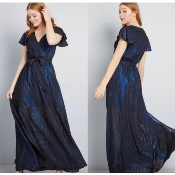 ModCloth Fairy Gunge Whimsigoth Witchy Sheer Metallic Pleated Wrap Maxi Dress M - Picture 2 of 11